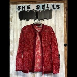 Chicos Red Sheer  & Velvet Burnout Open Front‎ Flowy Jacket women 3 (XL)